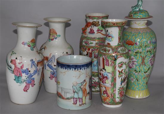 A Famille Rose vase, 4 others and a mug